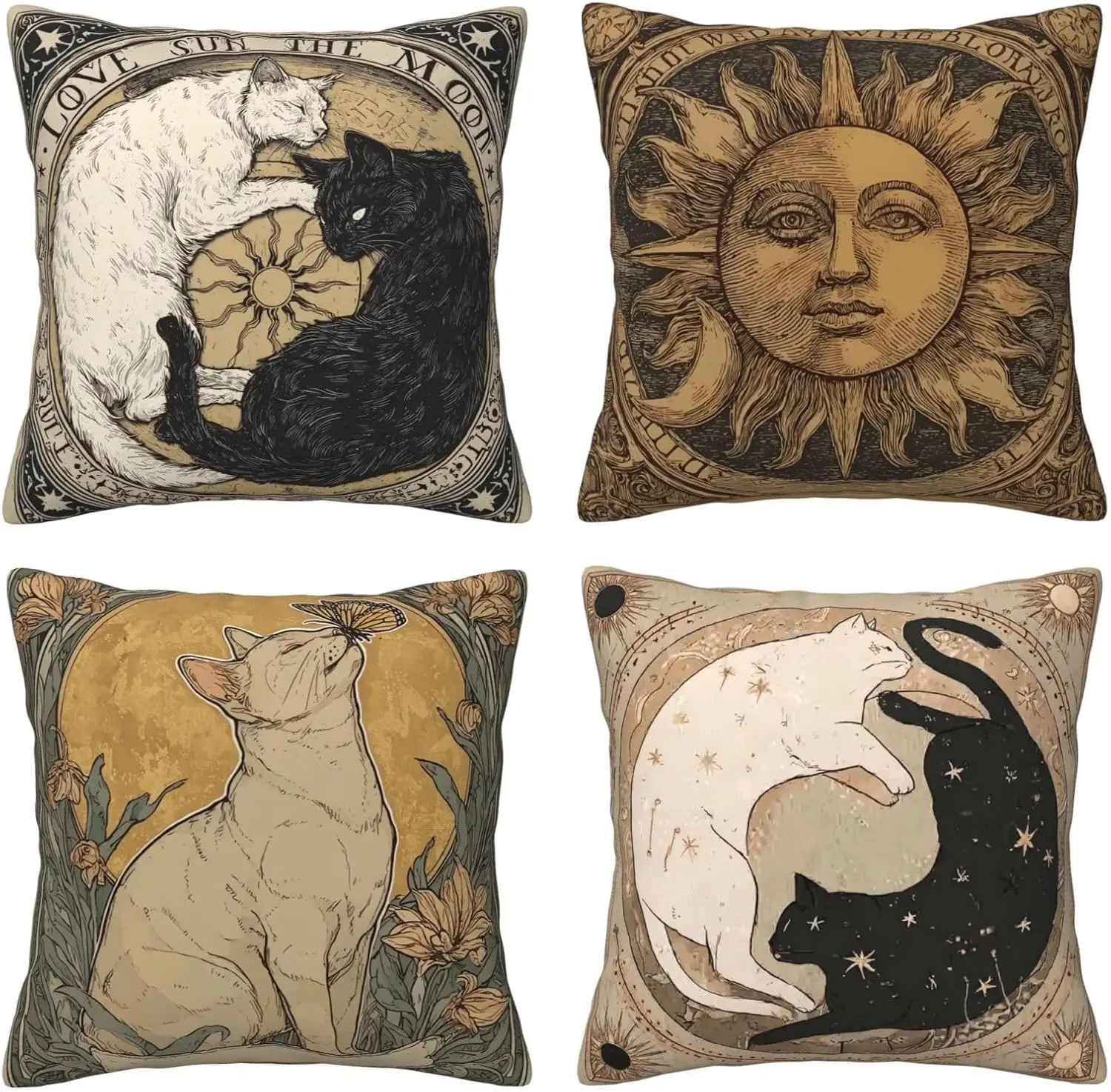 4PCS Zodiac Astrology Pillow Covers Sun Moon Cat Celestial Boho Throw Cushion Set Mystical Witchy Cosmic Home Decor Accent