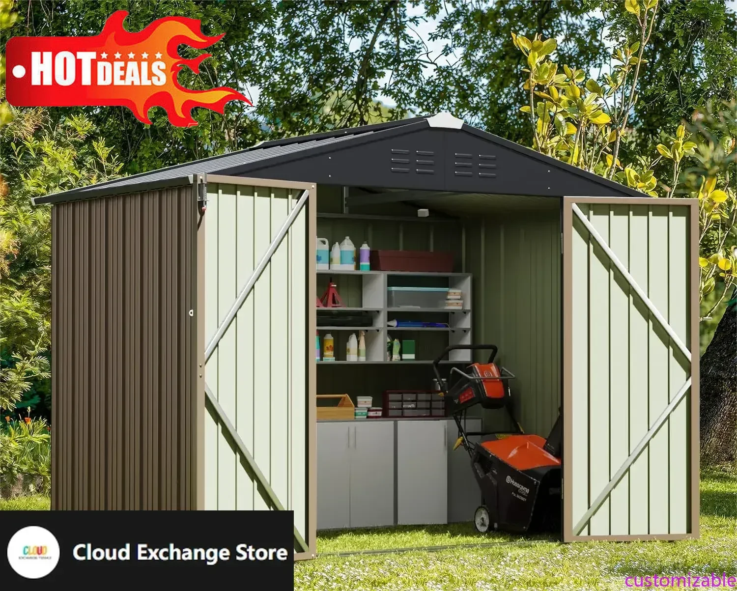 

Customizable-Outdoor Storage Shed 6 X 8 Ft. Utility Tool Shed Metal Storage Garden Shed With Door & Lock For Patio Storage, Brow