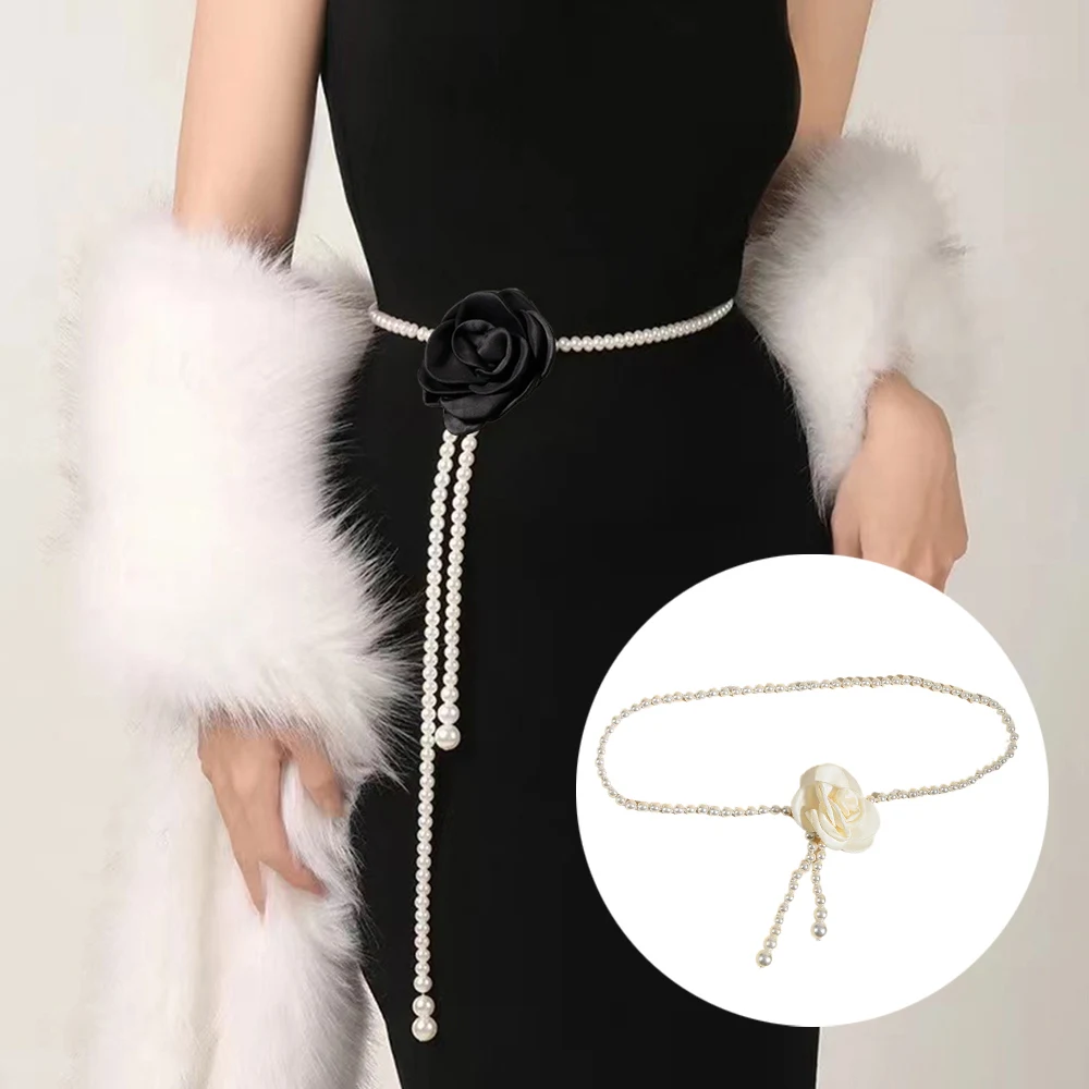 

Elegant Camellia Waist Chains Pearl Rhinestone Belt Butterfly Dress Skirt Waistbands Fashion Women Jewelry Metal Accessories