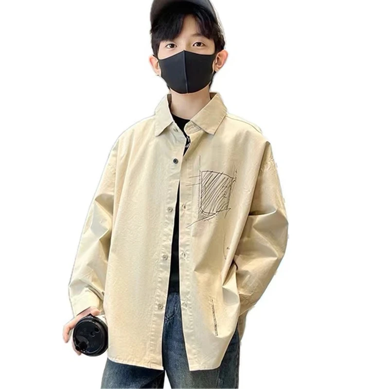 

Korean style Kids Autumn Clothes for Teenagers Boy Khaki Color Shirt Loose Style School Boy Fashion Blouse Outfits For Child