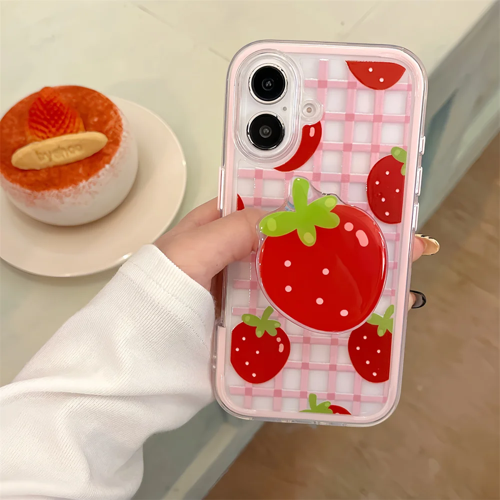 

Korean ins Style Retro Sweet Grid Strawberry Bracket Phone Case For iPhone 16 15 14 13 12 11 Pro Max XR XS Plus MINI Y2K Cover