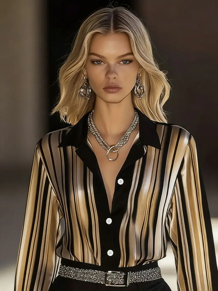 Women Luxury Metallic Vertical Stripe Print Turn‑down Collar Long Sleeve Button Front Loose Fit Blouse Top