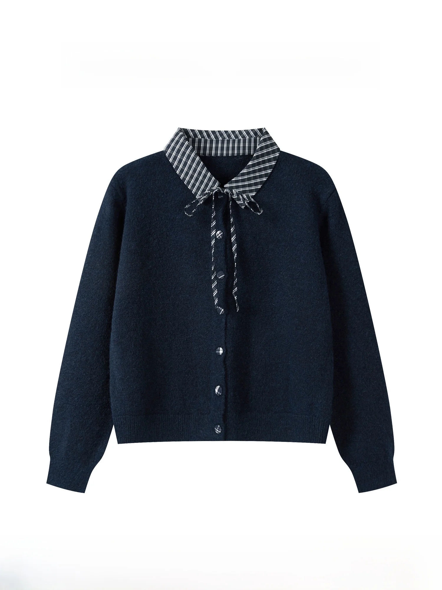 

Loose Fit Plaid Sweater Cardigan Women's Autumn New Sle Blue id Splicing Open Front Long Sve Collar Outerwear