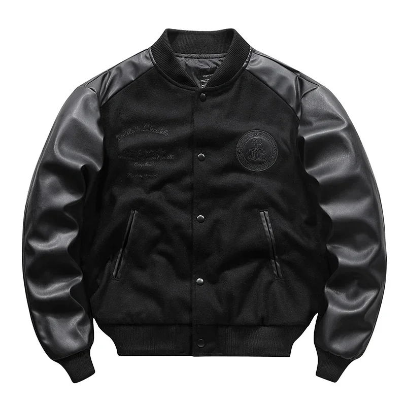 

Men PU Leather Patchwork Black Baseball Jacket Vintage Woolen Splice Embroidered Flight Coat for Male