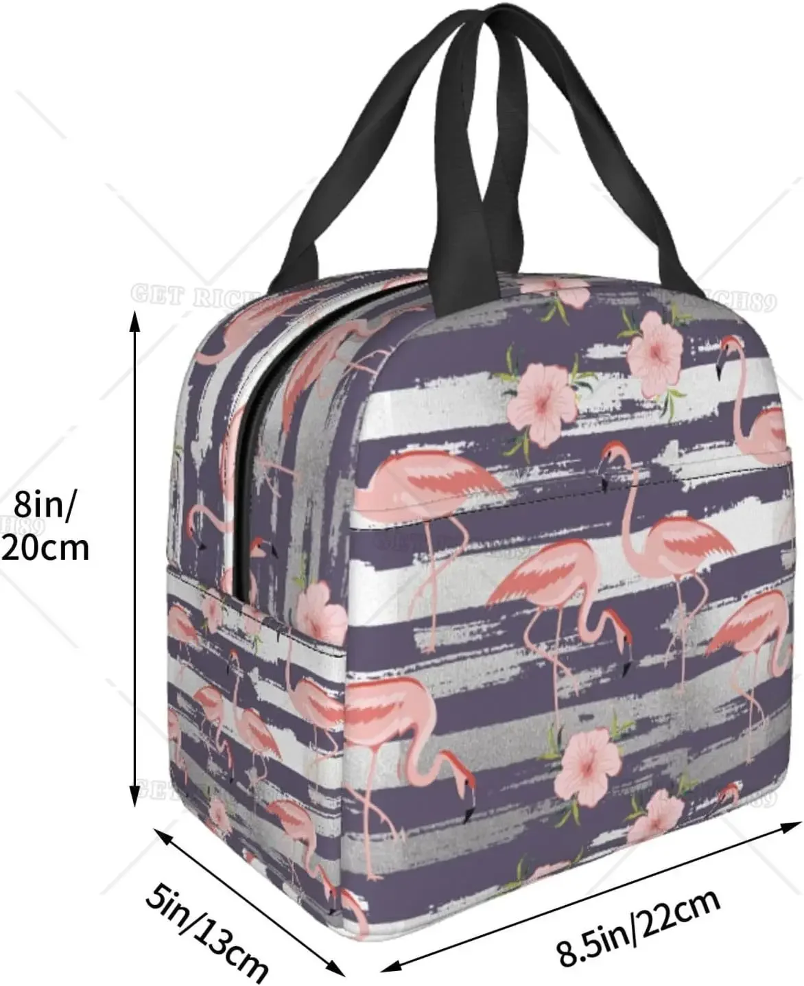 Roze Flamingo Paarse Grijze Strepen Geïsoleerde Lunch Tas Voor Vrouwen Meisjes Koeler Rugzak Herbruikbare Draagbare Lunchbox Draagtas