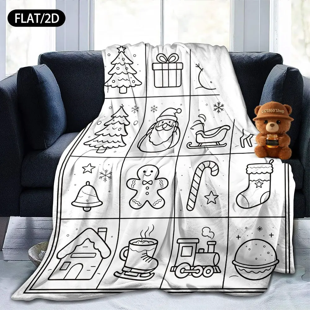 1pc 2D Flat Plaid Christmas DIY Coloring Blanket, Classic Holiday Elements Line Art Throw, for Bedroom,Living Room,Camping & Car