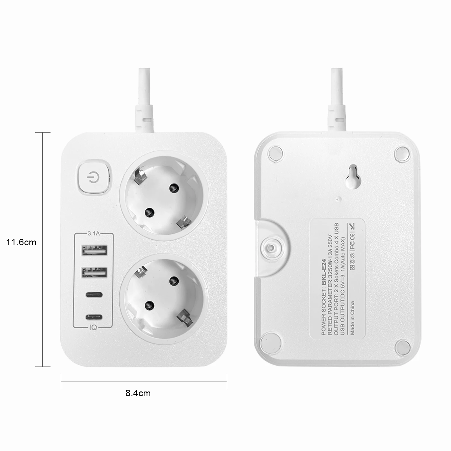 Bolantedz EU Plug 3250W 13A 250V Safety Switch European Power Strip 2 Schuko Power Socket Board with 2 USB and 2 Type-C Ports