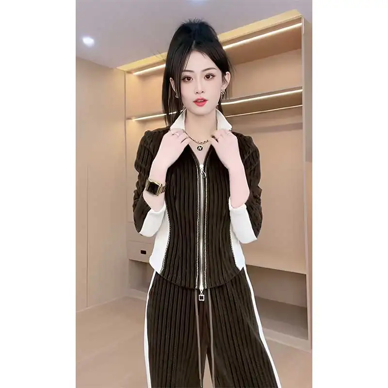 

Women Clothes Spring Autumn Fashion Korean Zipper Solid Color Stand-up Collar Cardigan Female All-match Casual Pants Two-piece S