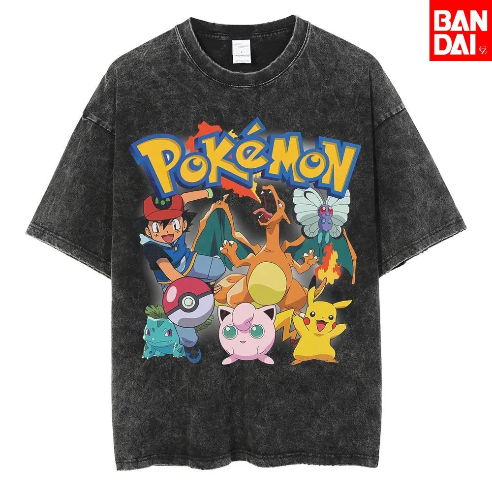 

Футболка Pokemon Charizard Flare Gym для мужчин, летняя, винтажная, с эффектом кислотной стирки, оверсайз, ретро, Kanto 1996, игровая, уличная одежда, хип-хоп