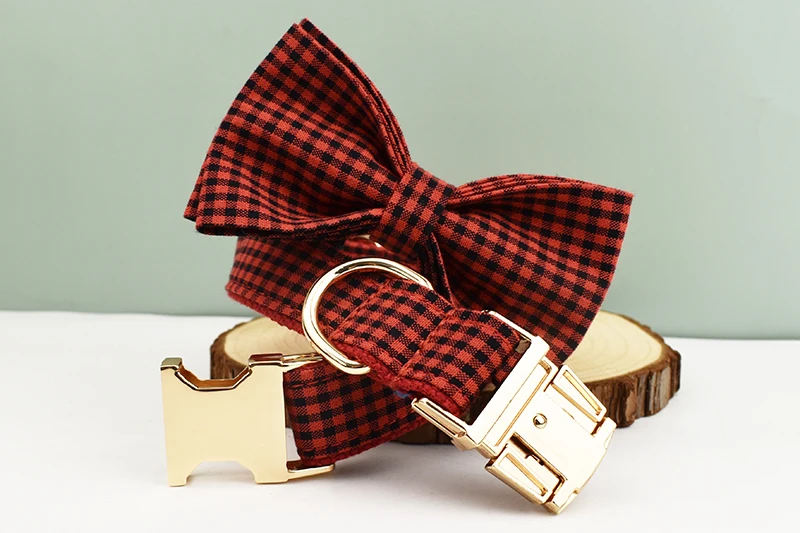 Kariertes Hundehalsband Designer mit Fliege Maßgefertigtes Hundezubehör Luxus-Haustierhalsband und Leinenset – Detail 4