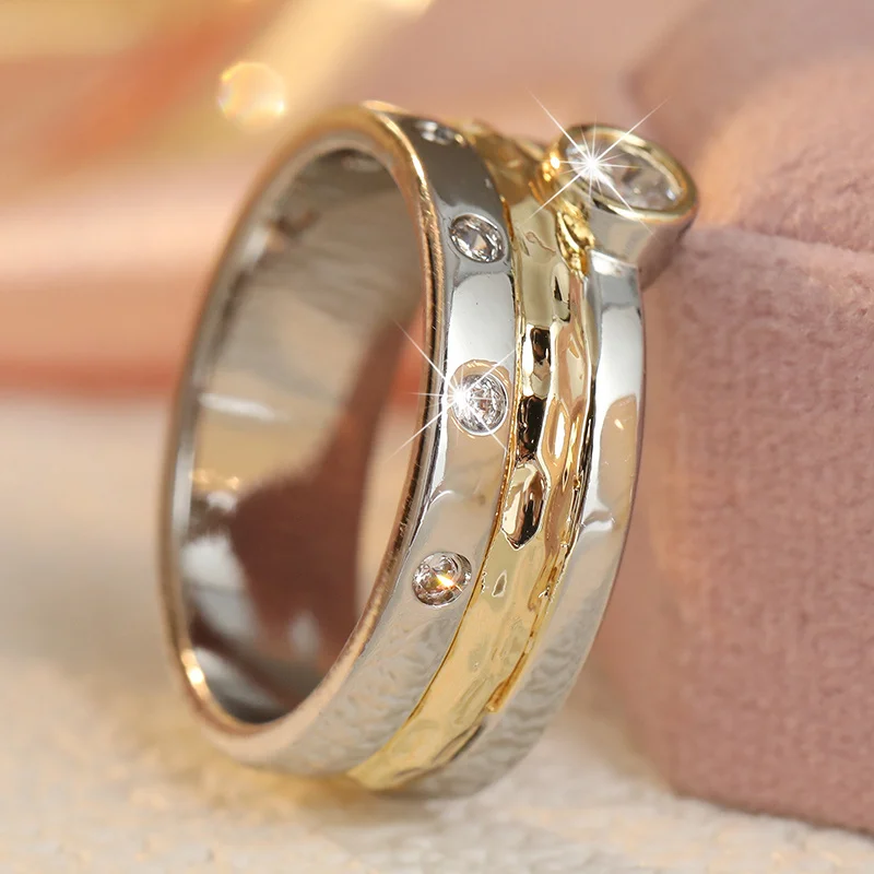 Ladies' Fashionable Wide Face Ring Two Tone Design Inlay White Zirconia Versatile Ring Daily Commuting Dating Party Jewelry
