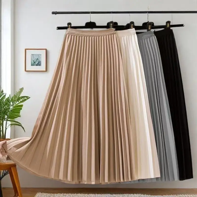 

Women Summer Solid Pleated Satin Long Skirt Korean New Fashion Ladies Work Casual Elastic High Waist A Line Party Loose Skirts