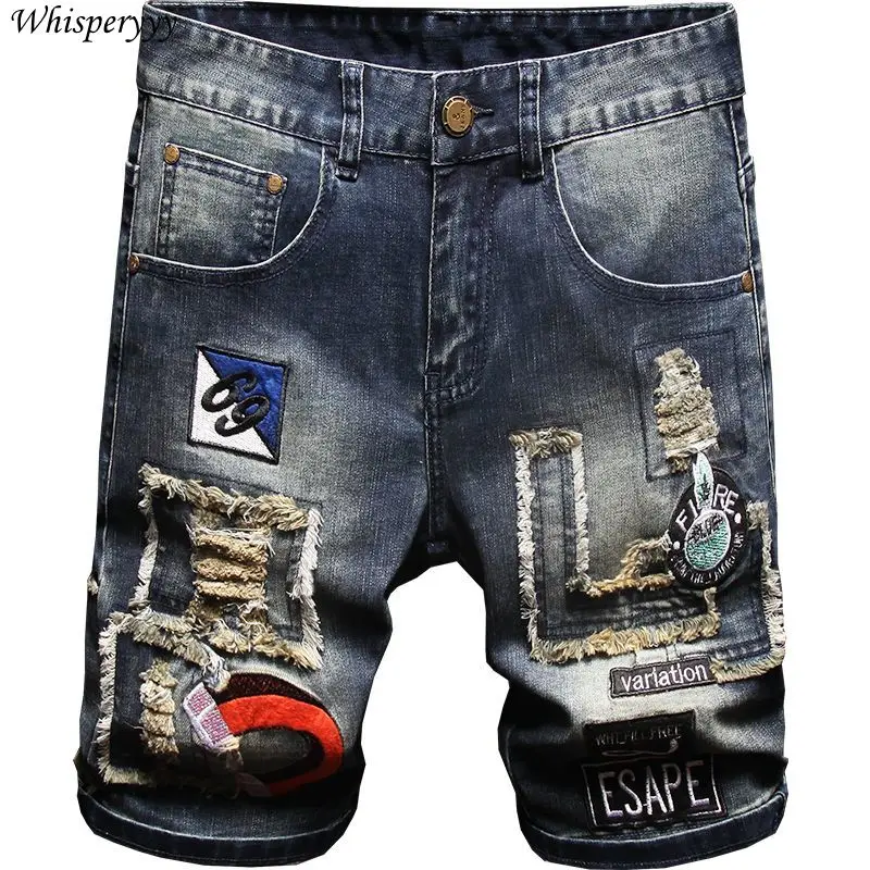 Summer Hole Patch Embroidered Denim Shorts Men Clothing Streetwear Five-point Pants  Badge Casual Jeans Pants Hip-hop Breeches