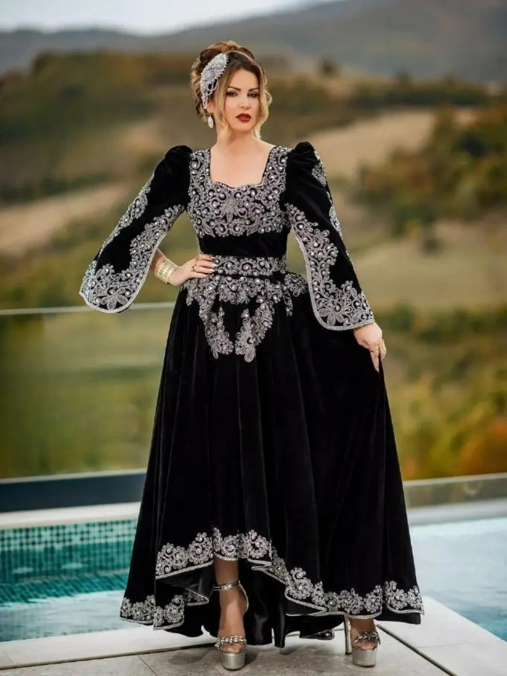 Vestido De noche marroquí De terciopelo negro, caftán De fiesta, apliques plateados, encaje elegante, corte en A, vestido personalizado, Vestidos De Gala