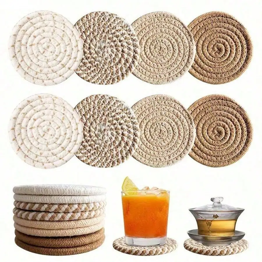 4pcs Woven Drink Coasters Set, Round Absorbent Drink Coasters, Handmade Fabric Coasters, Coaster Set With Tray, Bohemian Style Birthday Graduation Gift