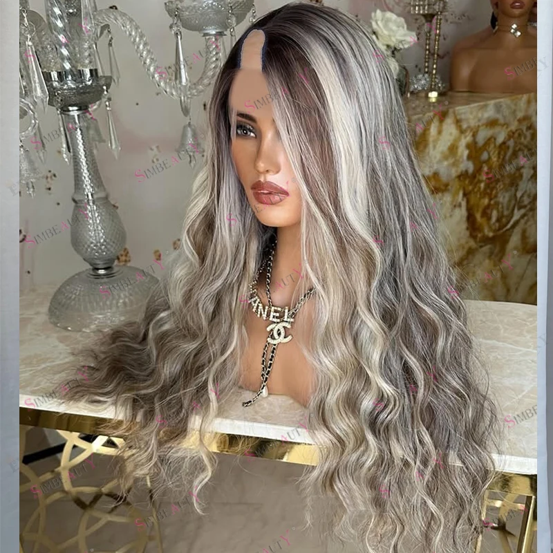 

Natural Glueless Highlight Platinum Grey Blonde Human Hair Indian 1x4 Size U Part Wigs for Black Women Full Machine Made Wigs