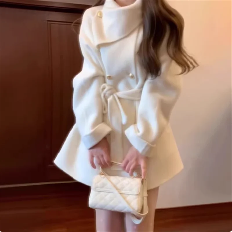 

Black Hepburn Style Elegant Cloak Holiday Red Double Breast Coat Loose Cloak Cape Elegant Scarf Collar Thick A Line Belt Jacket