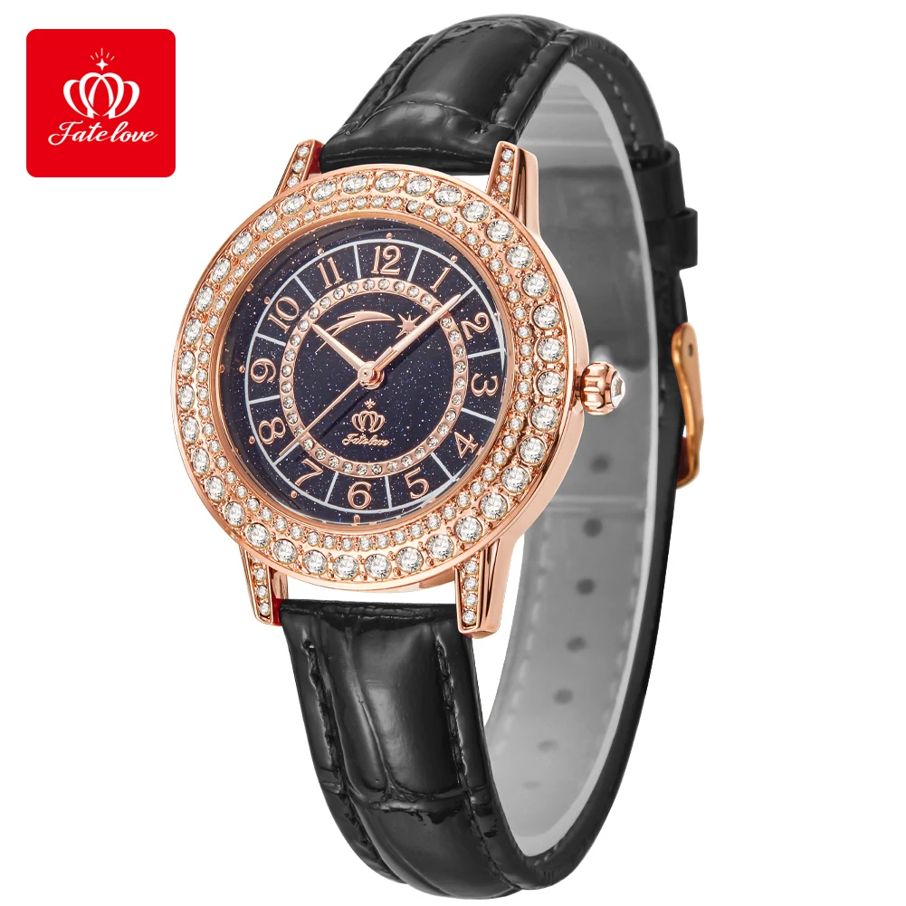 Fatelove-女性のためのエレガントなクォーツ時計,防水,発光,ダイヤモンドのベゼル,革のストラップ,星空のダイヤル,ファッション,827