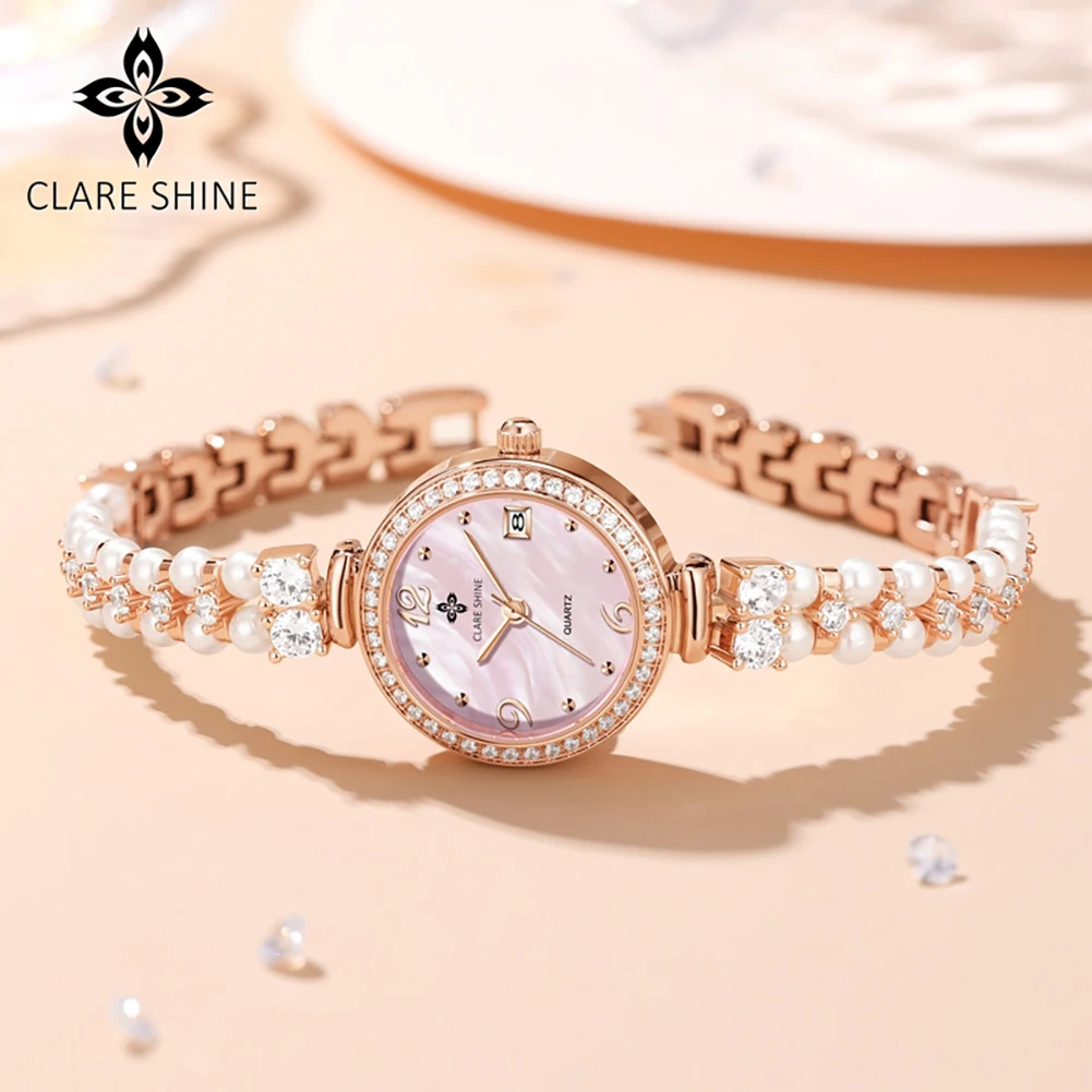 CLARE SHINE 7703 Elegance Women Original Quartz Movement Watch Diamond Round Dial Brand Calendar Window Watch For Women
