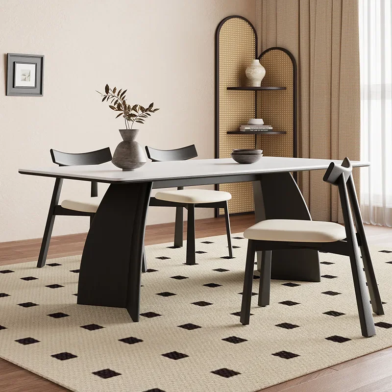 French retro solid wood dining table, modern simple rock slab family home small apartment American style
