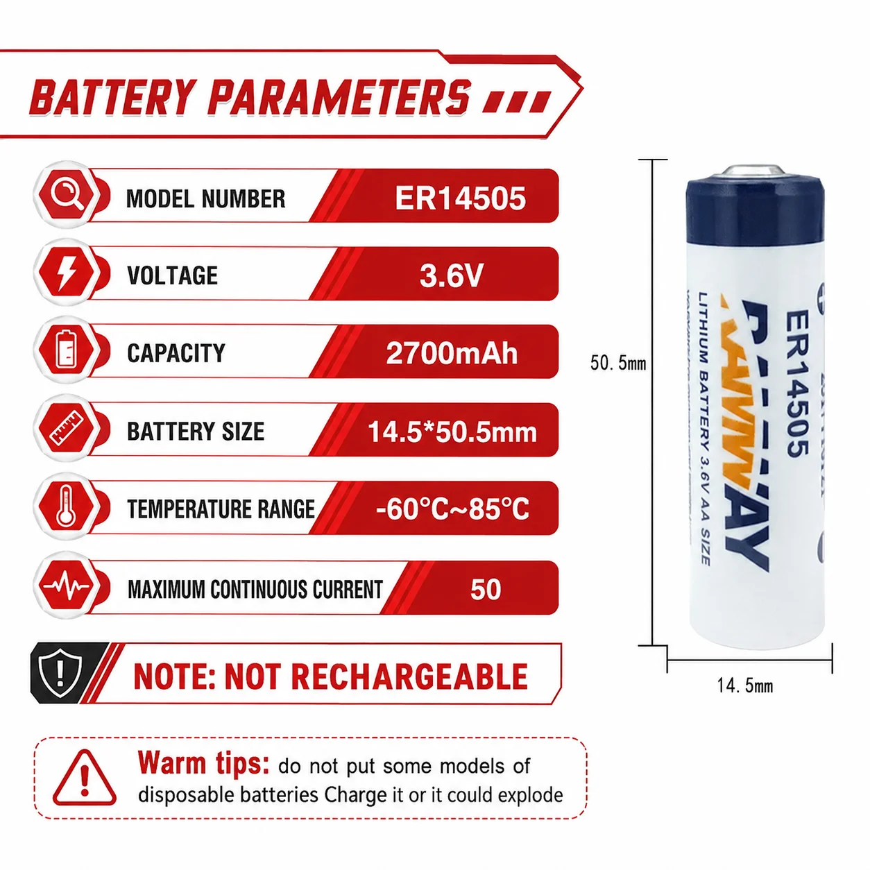 ER14505 3.6V 2700mAh Lithium Thionyl Chloride Battery For PLC Servo Absolute Value Encoder CNC Machine Tool Patrol Stick Locato