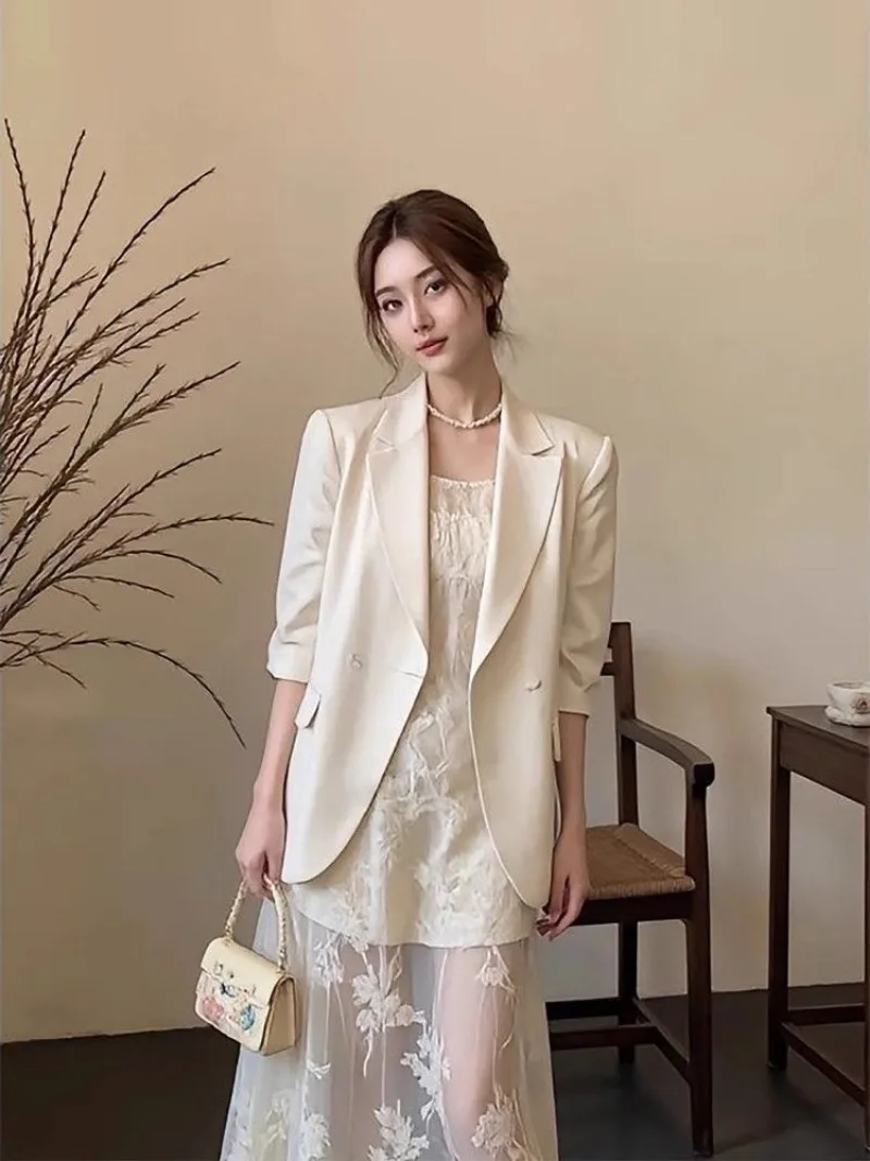 New High End Autumn Dress Set Women Korean Fashion Elegant Slim Long Sleeve Jacket + Lace Patchwork Sling Dresses Two Piece Set view 3
