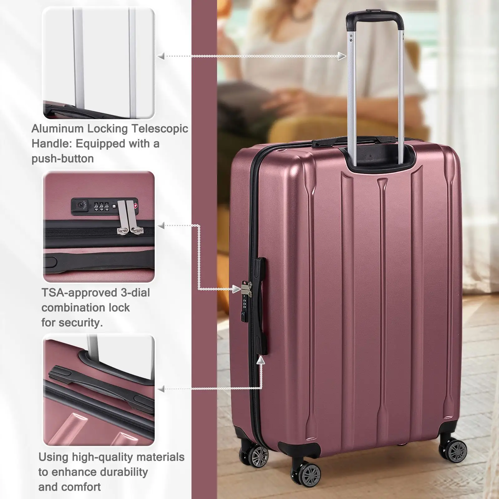 3-in-1 Vertical Stripes Trolley Suitcase Set - 20in 24in 28in, Durable ABS PC, Wine Red Fashion Color