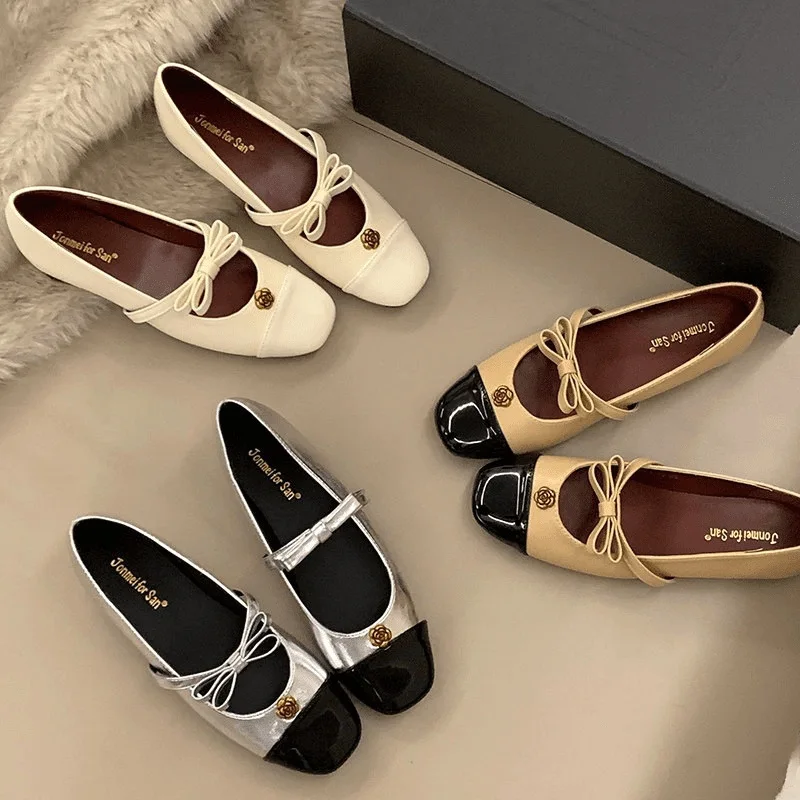 

Women's Square Toe Single Shoes,Spring Bow-Adorned Low-top Flat Shoess,Comfortable Lightweight Soft Sole Footwear zapatos mujer