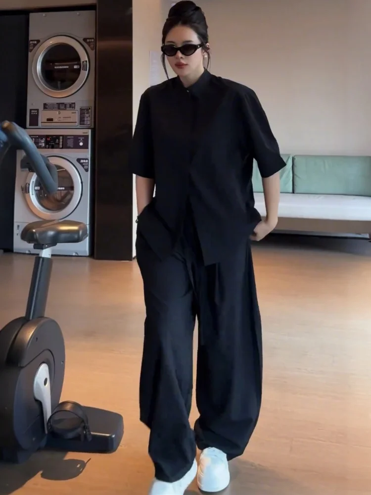 

Летний легкий комплект из двух предметов: футболка из тонкого шелка и брюки с широкими штанинами, однотонный, повседневный, модный, для мужчин