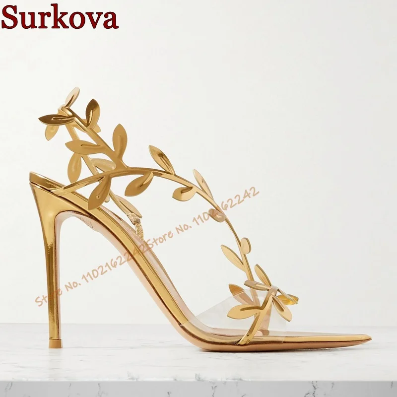 Golden Leaf Open Toe Sandals Summer Pointed Stiletto Strap Patent Leather High Heels Sexy Luxury Elegant Banquet Women'S Shoes