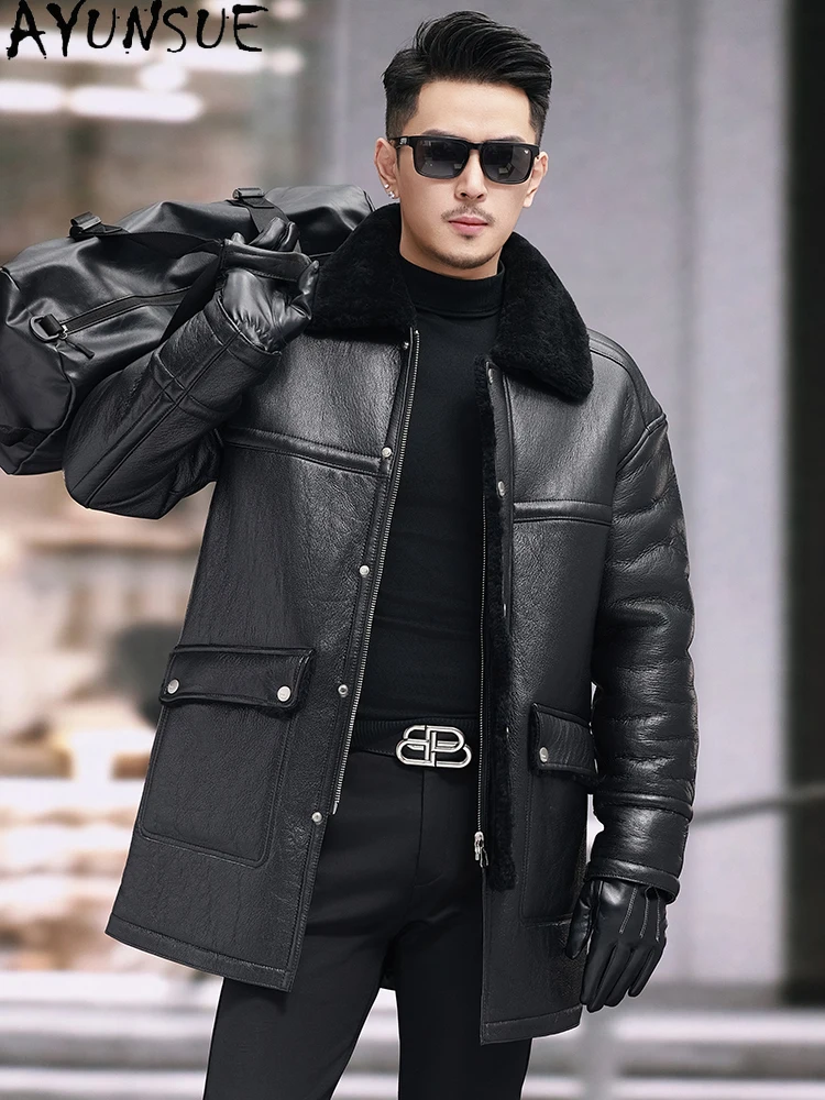 AYUNSUE Reversible Style Natural Sheepskin Leather Fur Jacket Men Winter Mid-length Luxury Real Lamb Wool Fur Coat Warm Outwears