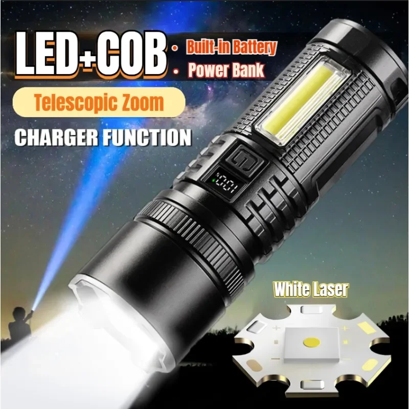 

White Laser Telescopic Zoom Flashlight USB Rechargeable Powerful FLSTAR FIRE Torch Digital Display Lantern Outdoor Camping Lamp