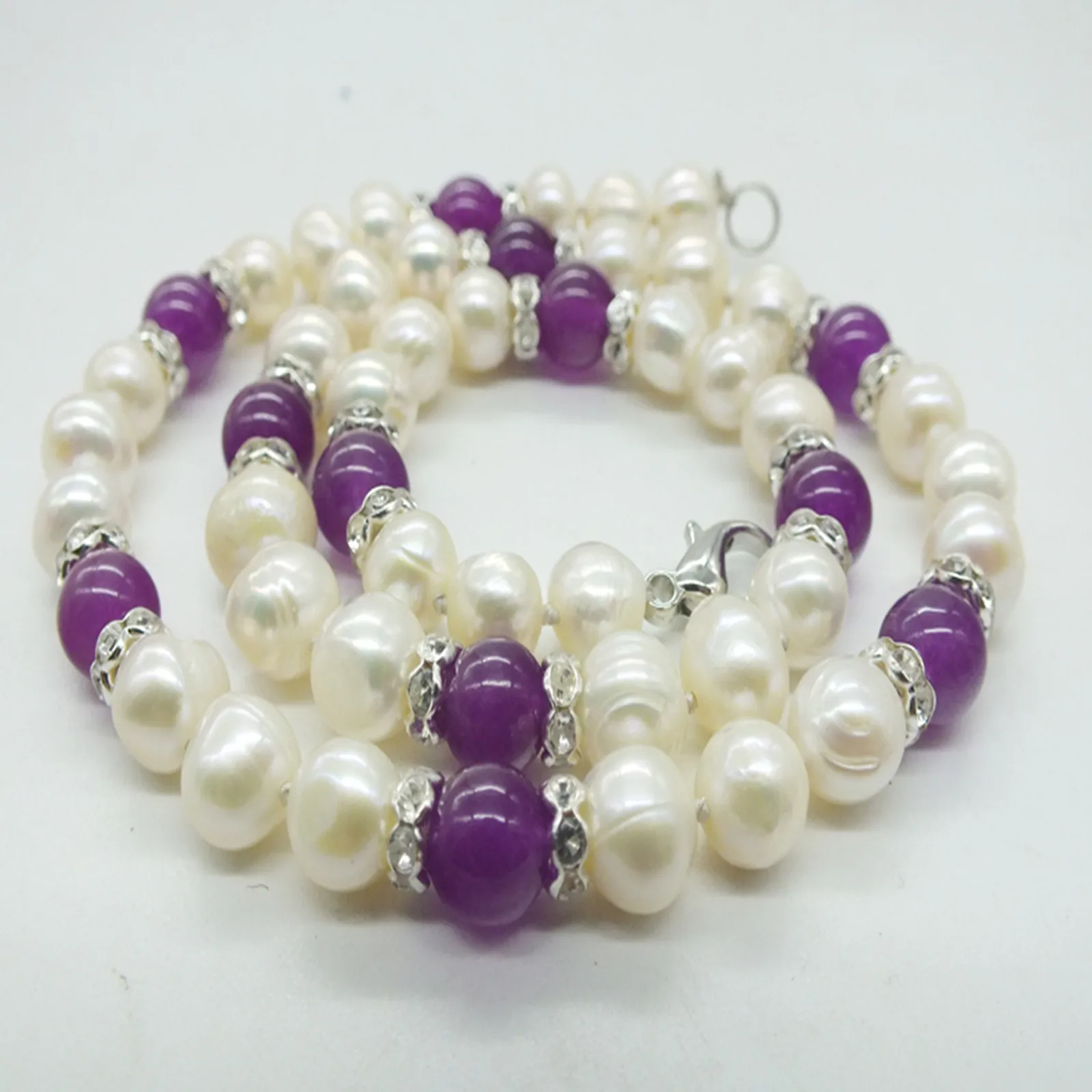 Hand knotted 8-9mm white freshwater pearl purple stone necklace 18inch for women fashion jewelry