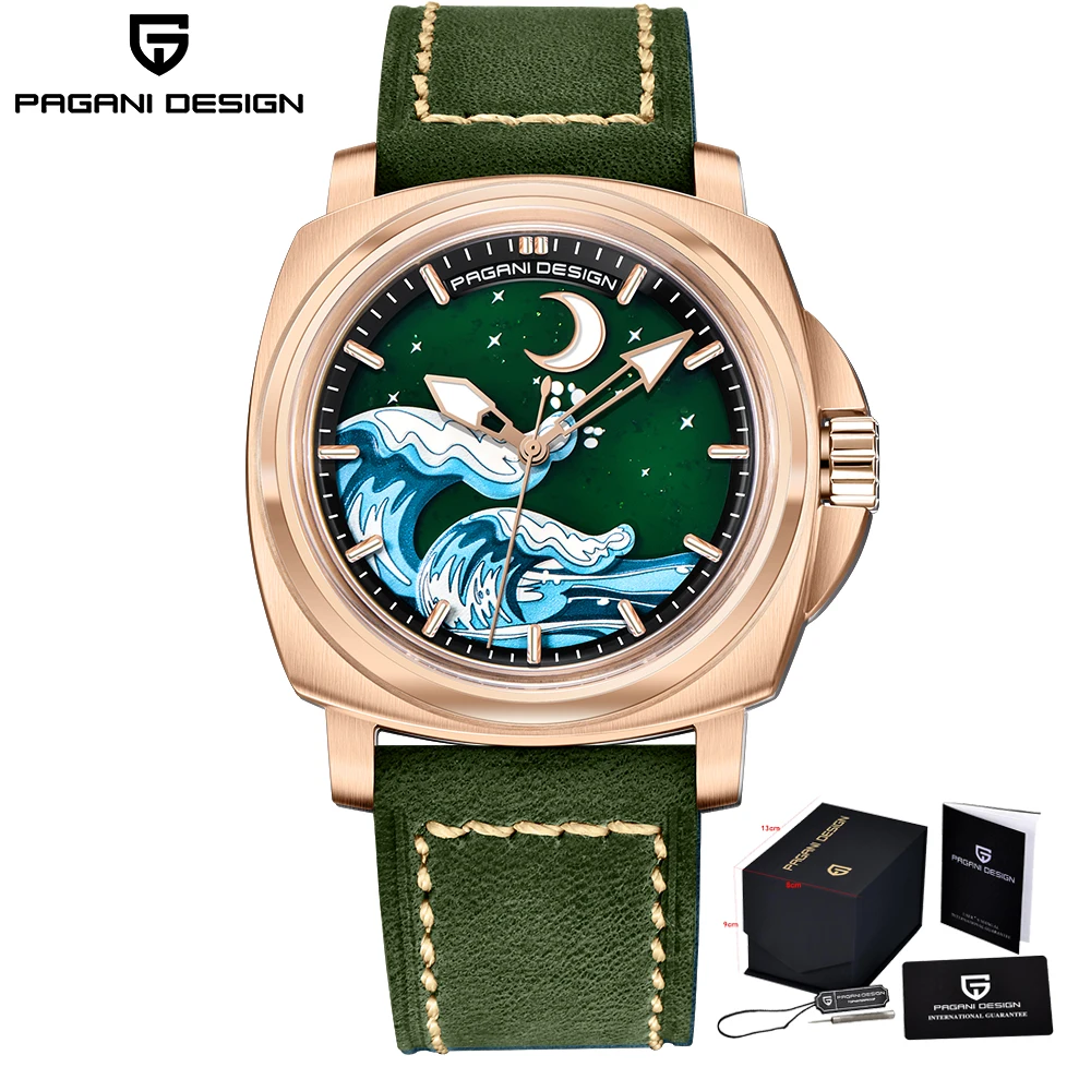 PAGANI DESIGN automatische mechanische Herren-Armbanduhr TMI NH35A, Saphirglas, Wellen und Mondglanz, C3-Lumen-Zifferblatt PDYS014 4
