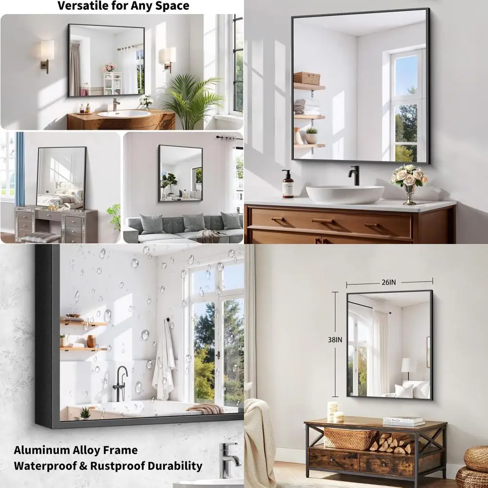 

38x26 Tempered Glass Bathroom Mirror, HD No Distortion, Horizontal/Vertical Mount, Matte Alloy Frame