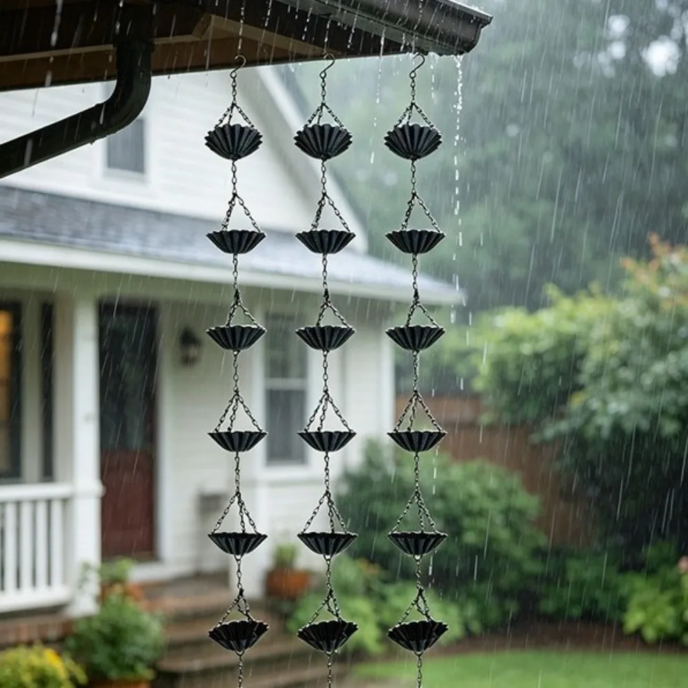 Japanese Style Metal Flowers Rain Chain Weather Resistant Hanging Eaves Water Drainage Chain 7 Cups Iron Art