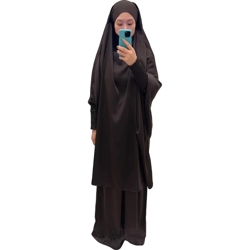 

Muslim Women Abaya Two Pieces Set Prayer Dress Elasticated Sleeves Islamic Robe Modest Full Cover Prayer Clothes