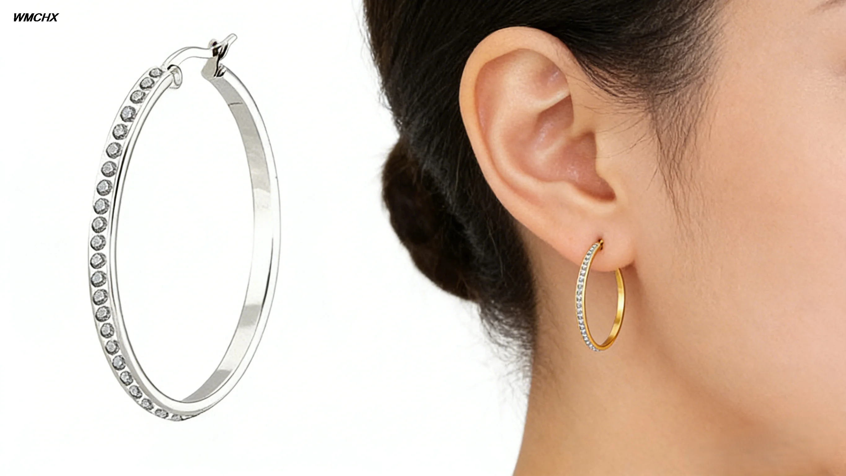 WMCHX Crystal Stainless Steel Sliver Hoop Earrings Big Round Circle Rock Punk Fully-Jewelled For Women Girls Party