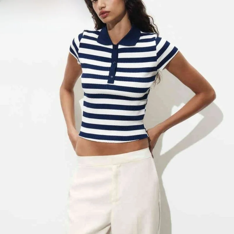 Summer New Women's Casual Cotton Striped T-irt Rib Collar ort Sve irt Commute Sle Simple Splice Straight Cut