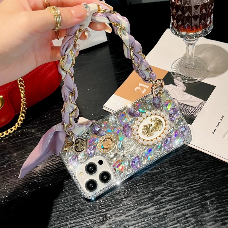 Handmade Glitter Gem Crystal Diamond Bling Case with Silk Scarf and Wrist Strap, Case for Huawei Honor 90 100 P30 P50 P40 8X 9X