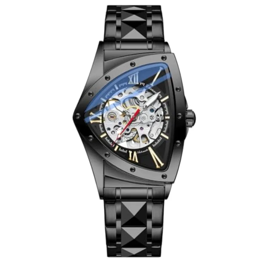 

Men's Triangle Skeleton Mechanical Watch - Unique Design, Water Resistant and Luminous Stainless Steel/Black Leather Strap Perf