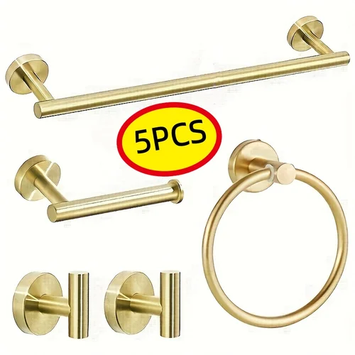 Imagen 1 del producto Accesorios de baño de hardware montado en la pared de 5 piezas, barra de toalla de acero inoxidable, anillo de toalla, kit de baño con gancho para soporte de papel higiénico