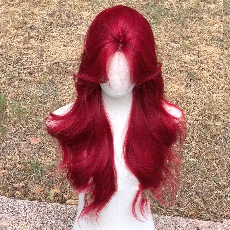 Rode pruik, lang haar, kunsthaar gesimuleerd haar, anime spelaccessoires, cosplay, volledig hoofddeksel, krullend haar, fotoshow rekwisieten