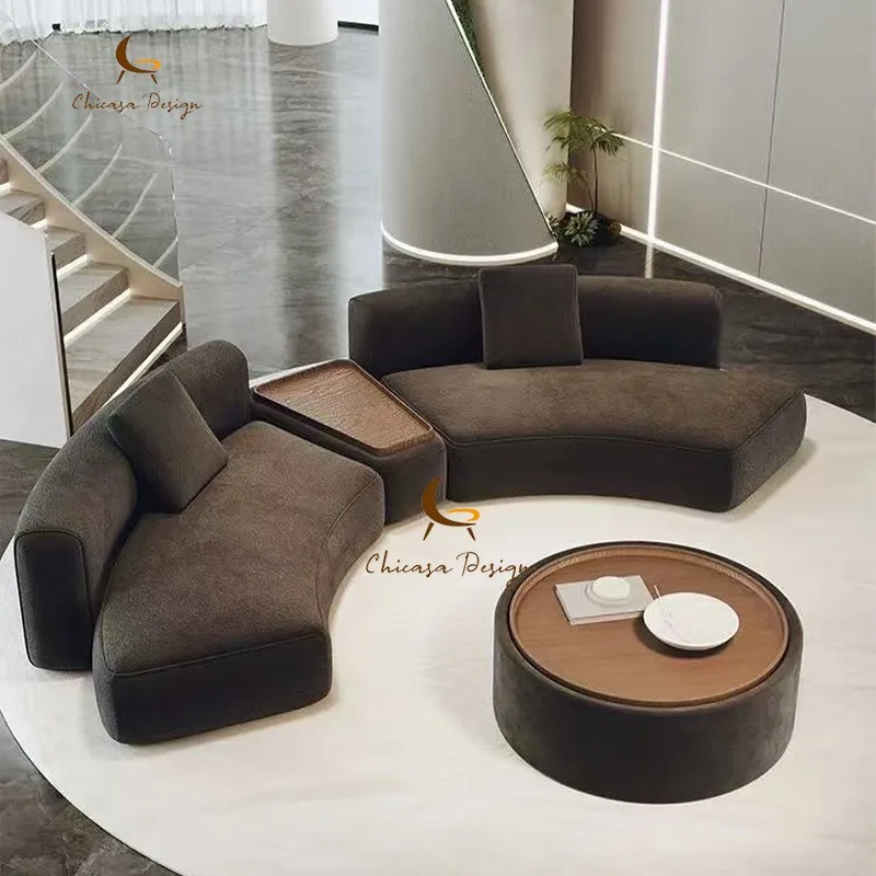 Luxury Modern Round Brown Boucle Fabric Semi-Circular Sectional Sofa Set Curved Design For Home Furniture
