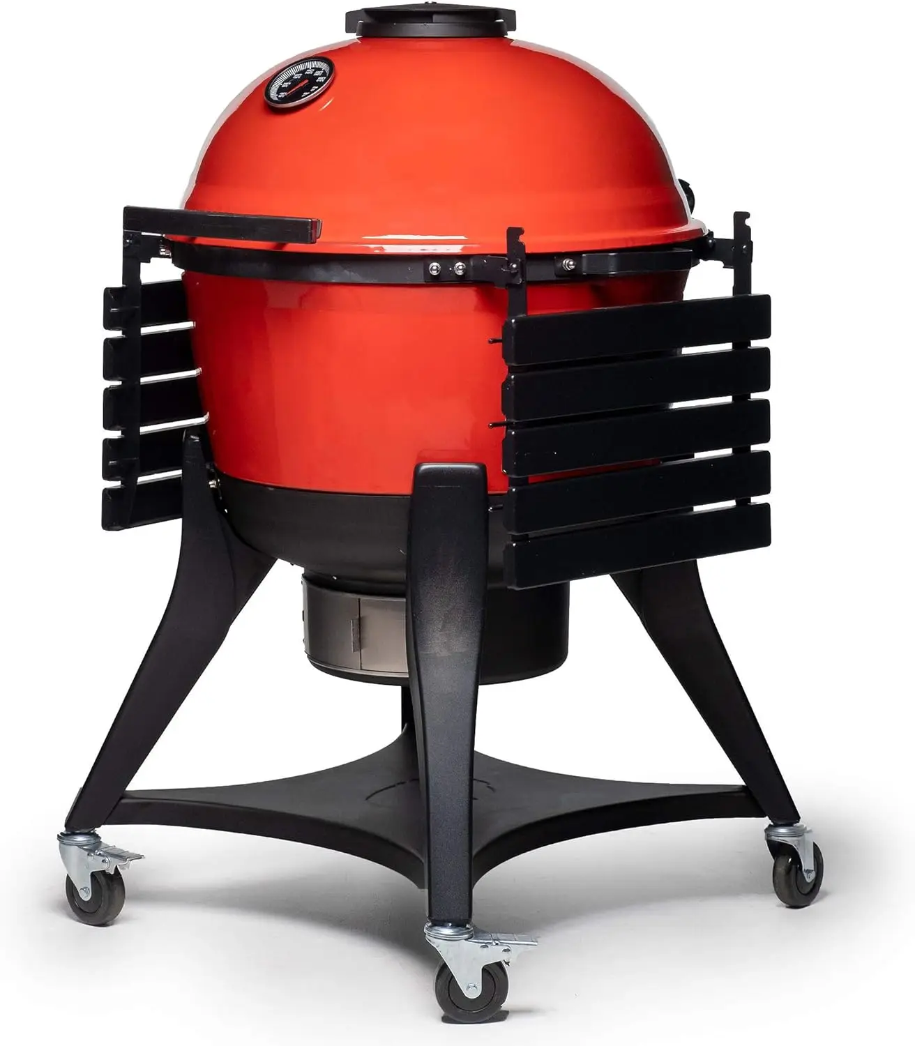 Kettle Charcoal Grill with Hinged Lit, Cart, Side Shelves and SloRoller Hyperbolic Slow Smoker Chamber in Red