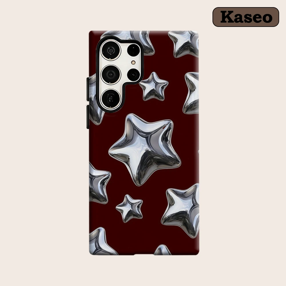 Kaseo Phone Case for Samsung Galaxy S26 S25 Ultra S24 S23 Ultra Plus Shockproof Double Layer Metallic Star 3D Art on Red Cover