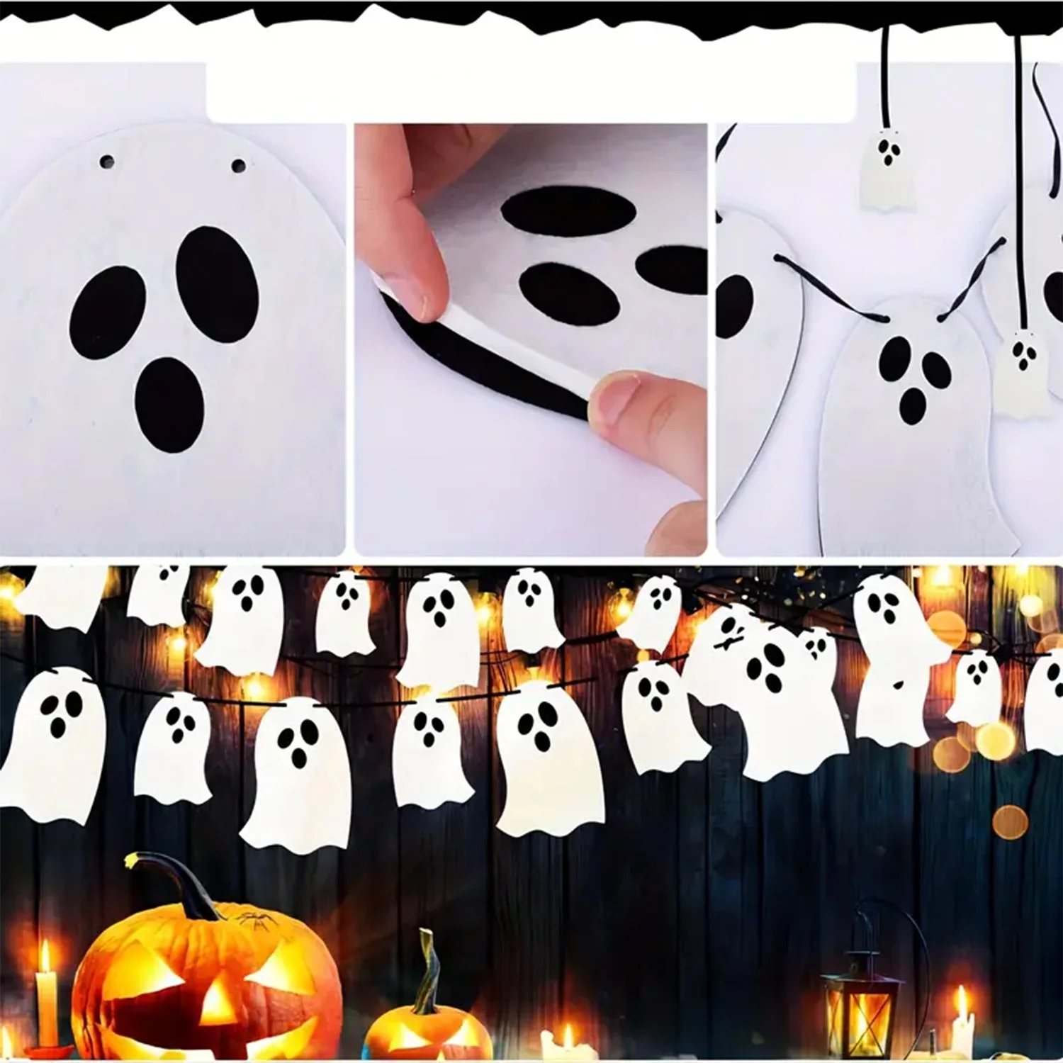 8pcs White Size Ghost Gold Onion Paper Banner Flag Pulling Halloween Ghost Theme Party Indoor and Outdoor Decoration