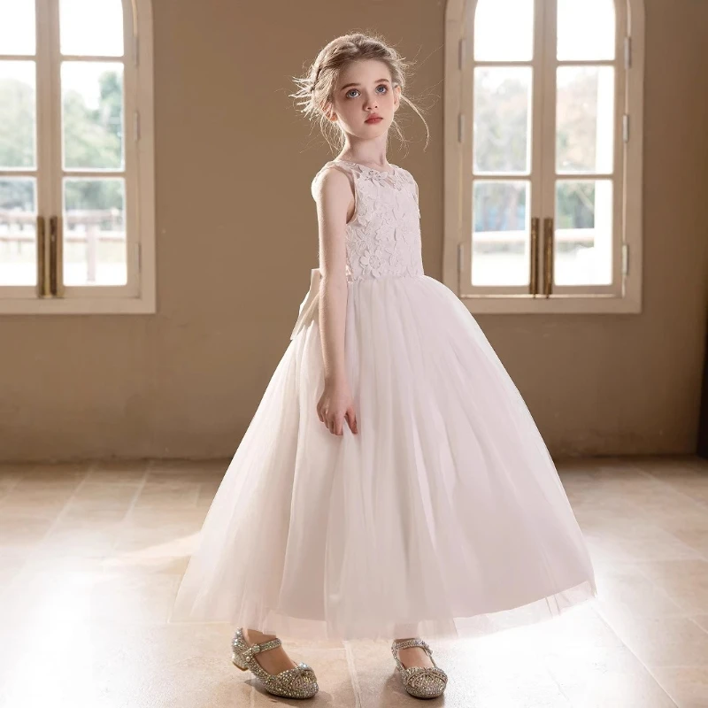 2026 Kids Formal Birthday White Sleeveless New Children Host Runway Gown Wedding Flower Girl Girls Piano Performance Evening
