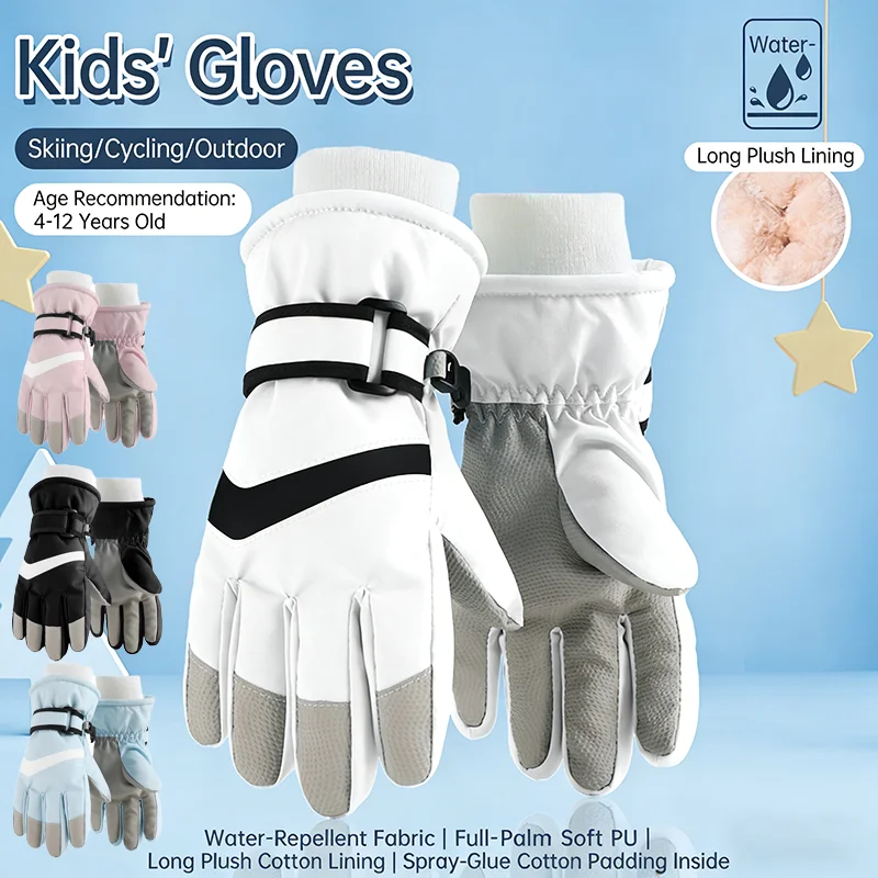 Winter Children's Outdoor Skiing Gloves Waterproof Thickened Warm Cashmere Lining Anti Slip Adjustable Cuffs Interface Gloves