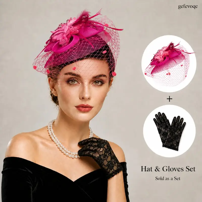 

Fascinator Hat With Flower And Veil And Lace Gloves Set For Women Wedding Guest Cocktail Party Royal Ascot Formal Events